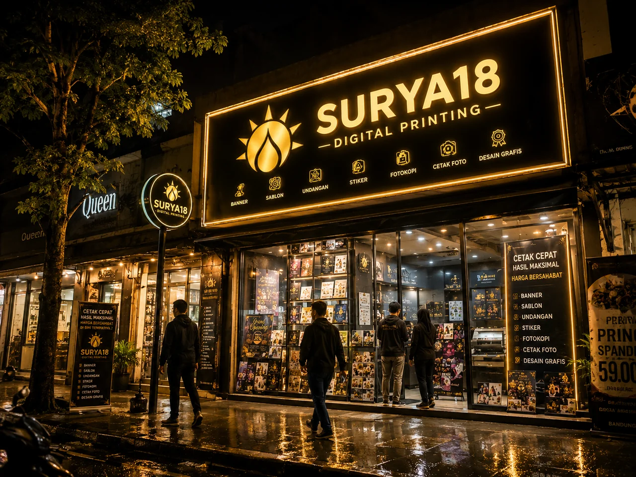 Tampak depan toko Surya18 Digital Printing pada malam hari