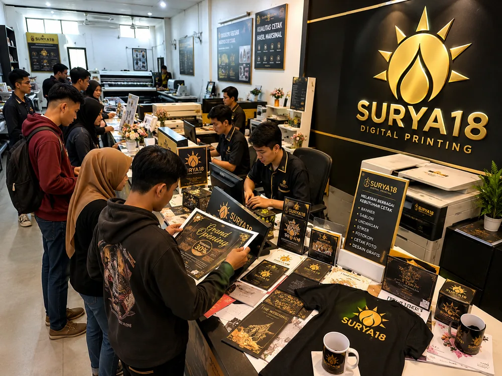 Suasana workshop dan display hasil cetak Surya18