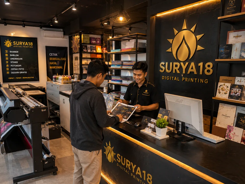Suasana pelayanan di toko Surya18 Digital Printing